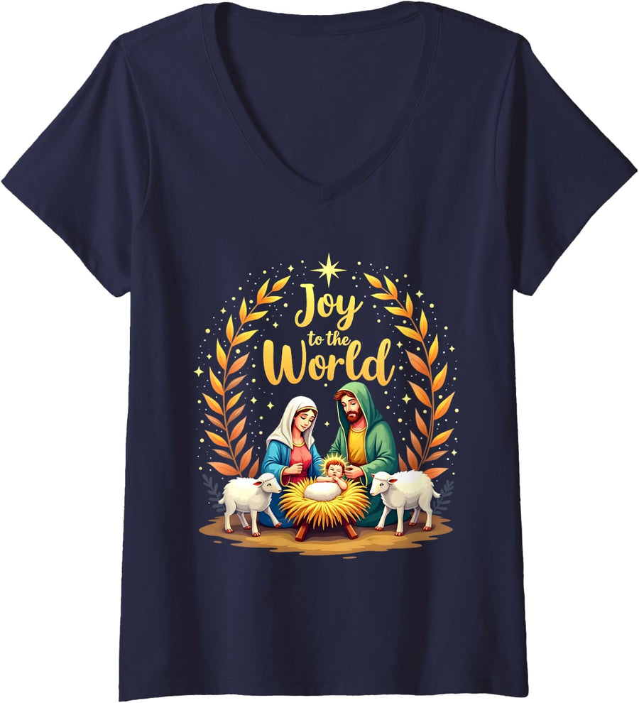 Women's Joy to The World Christmas Nativity Christian Birth of Jesus V-Neck T-Shirt - Navy Blue