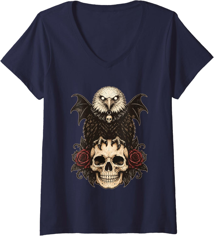 Women's Spooky Bald Eagle with Floral Gothic Skull Halloween Animal V-Neck T-Shirt - Navy Blue