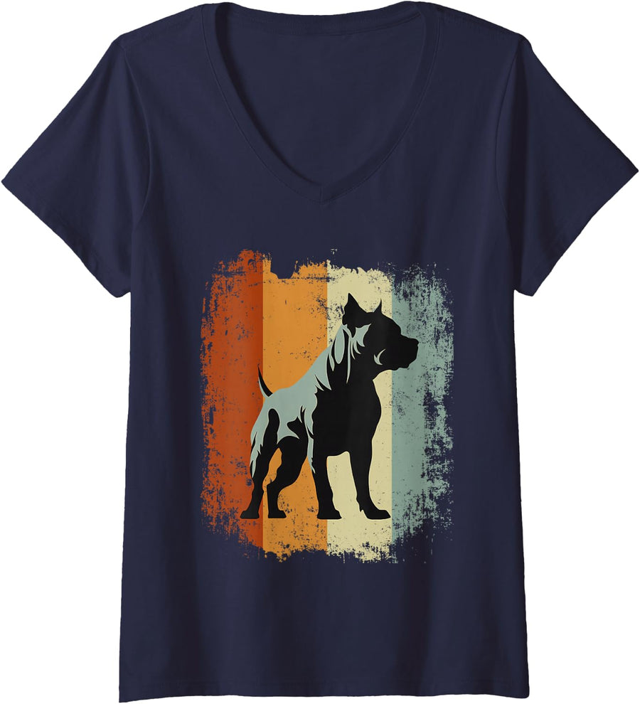 Women's Retro Vintage Design American Staffordshire Terrier Dog V-Neck T-Shirt - Navy Blue