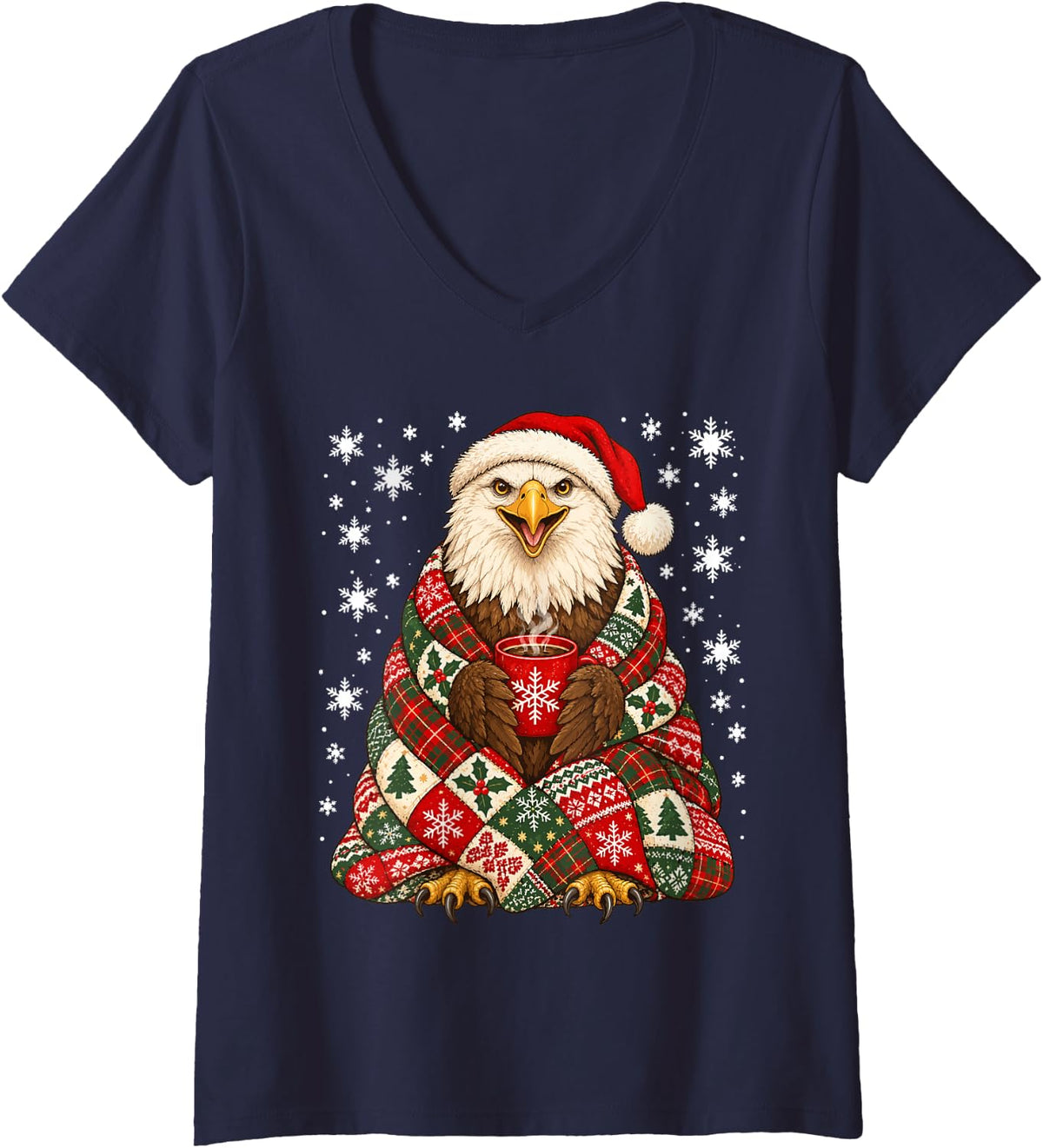 Women's Christmas Bald Eagle with Coffee Snowflakes Winter Animal V-Neck T-Shirt - Navy Blue