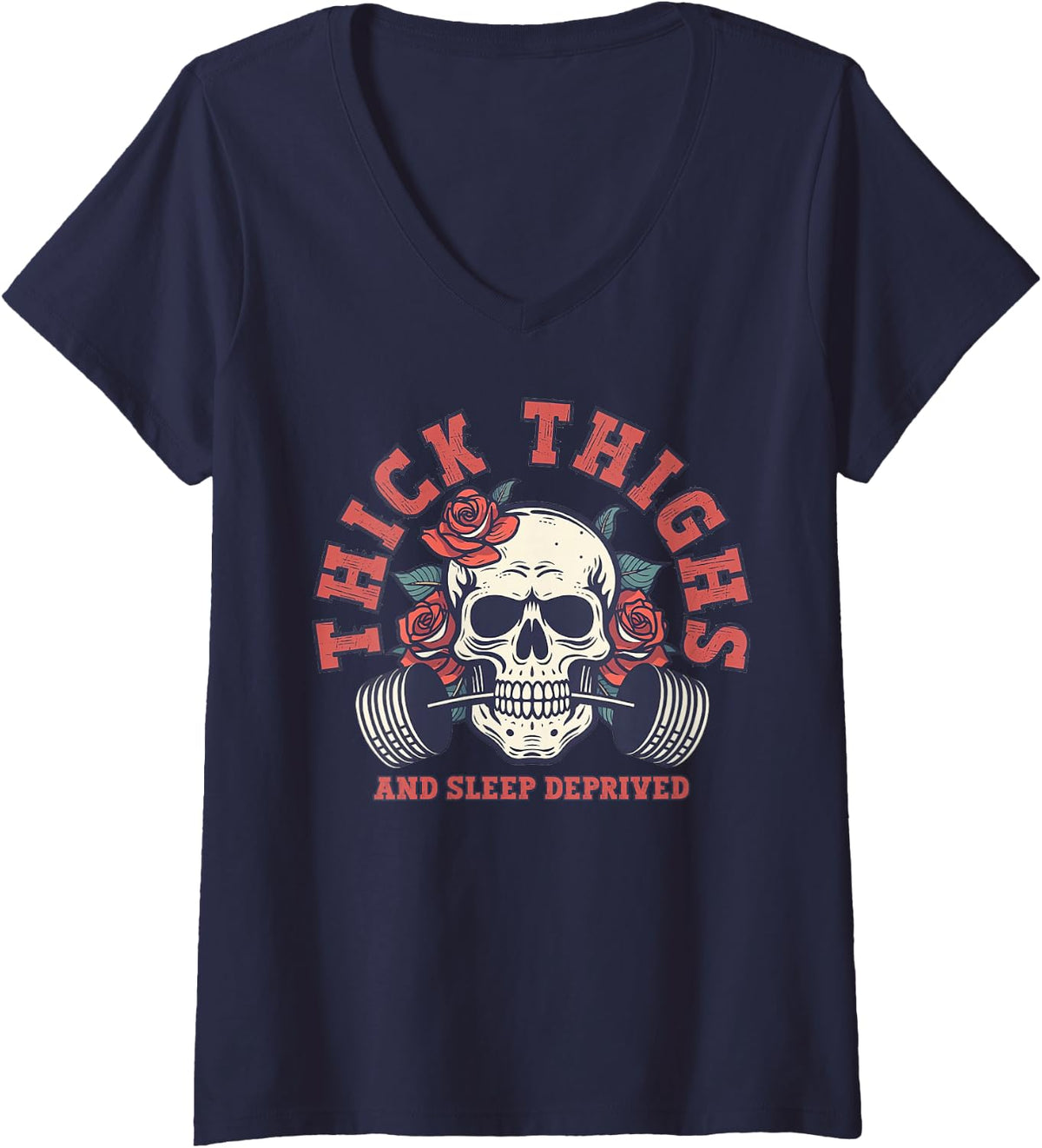 Women's Thick Thighs and Sleep Deprived Funny Skull Gymer V-Neck T-Shirt - Navy Blue