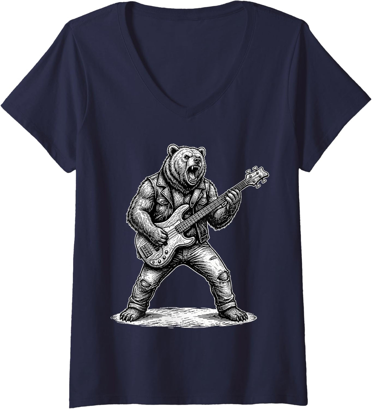 Women's Bear Bass Guitar Player Bassist Bass Guitarist Band Tee V-Neck T-Shirt - Navy Blue