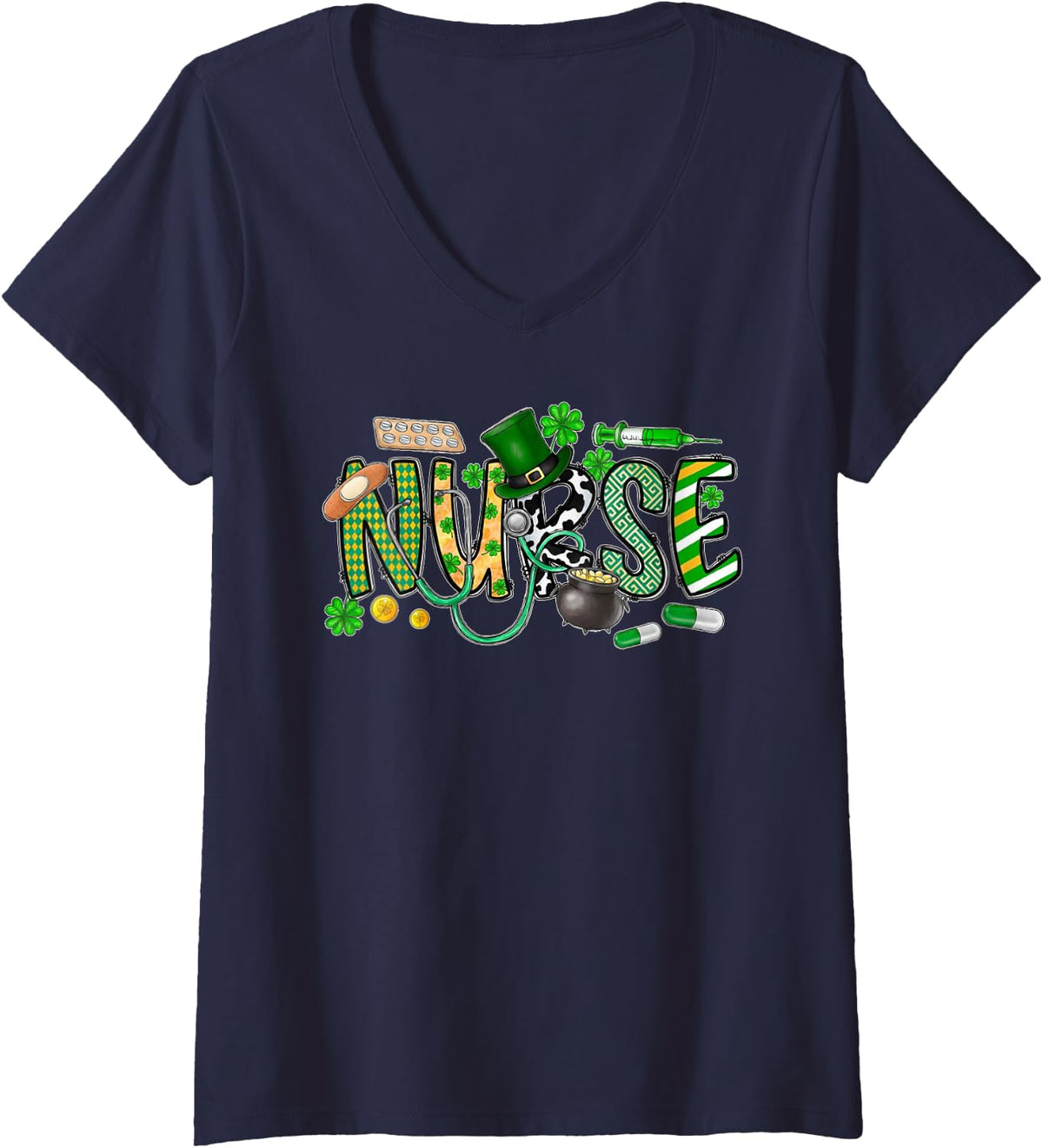 Women's Irish Nurse Stethoscope Scrub St Patricks Day Nurses Women V-Neck T-Shirt - Navy Blue