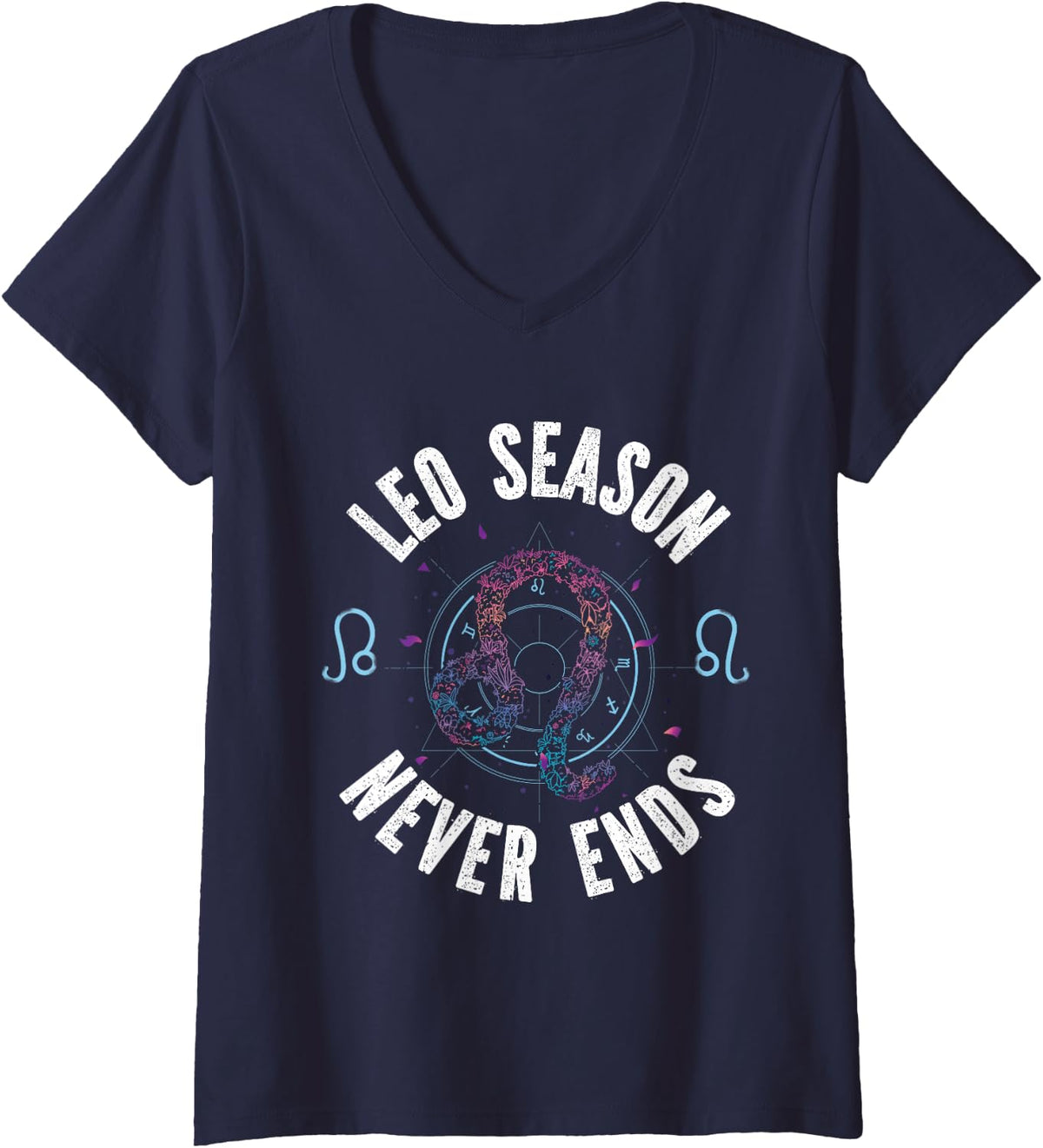 Women's Leo Zodiac: Leo Season Never Ends V-Neck T-Shirt - Navy Blue