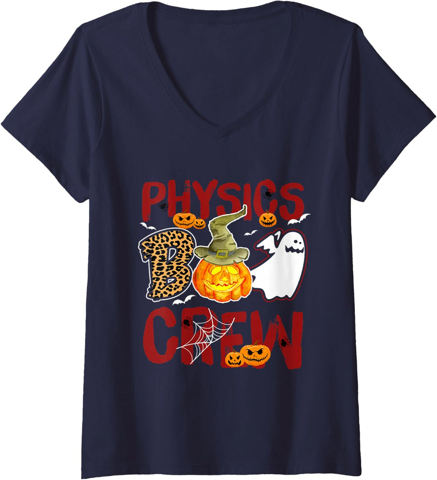 Women's Physics Boo Crew Halloween Physicist Match V-Neck T-Shirt - Navy Blue