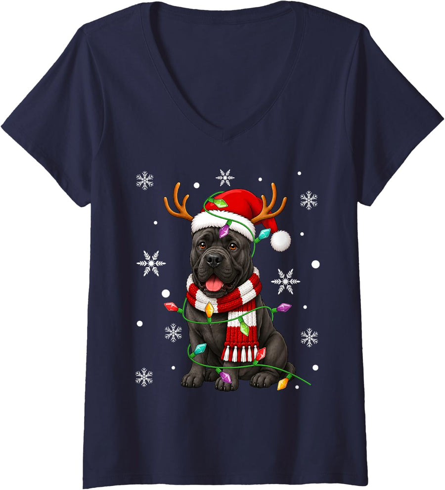 Women's Cane Corso Dog Christmas Lights Santa Hat Scarf Xmas V-Neck T-Shirt - Navy Blue