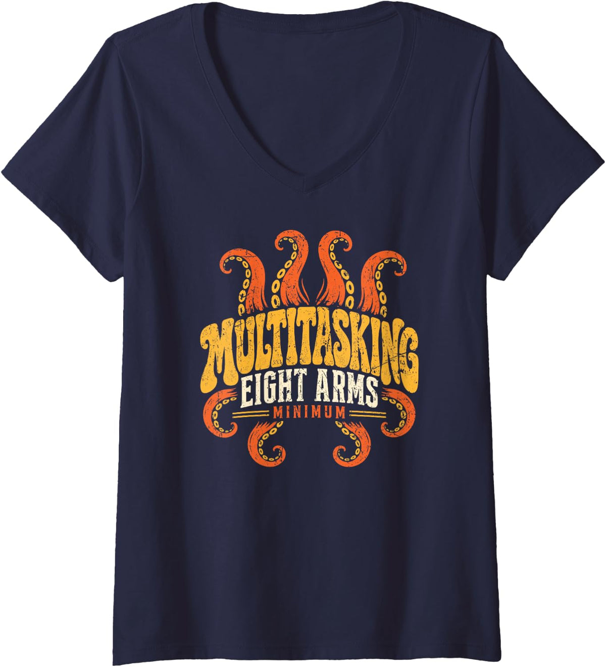 Women's Multitasking Eight Arms Minimum Octopus Funny V-Neck T-Shirt - Navy Blue
