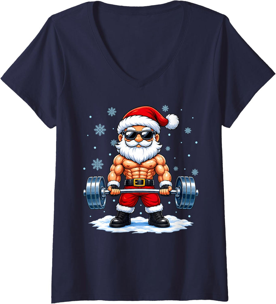 Women's Cool Muscular Santa Weightlifting Gym Christmas V-Neck T-Shirt - Navy Blue