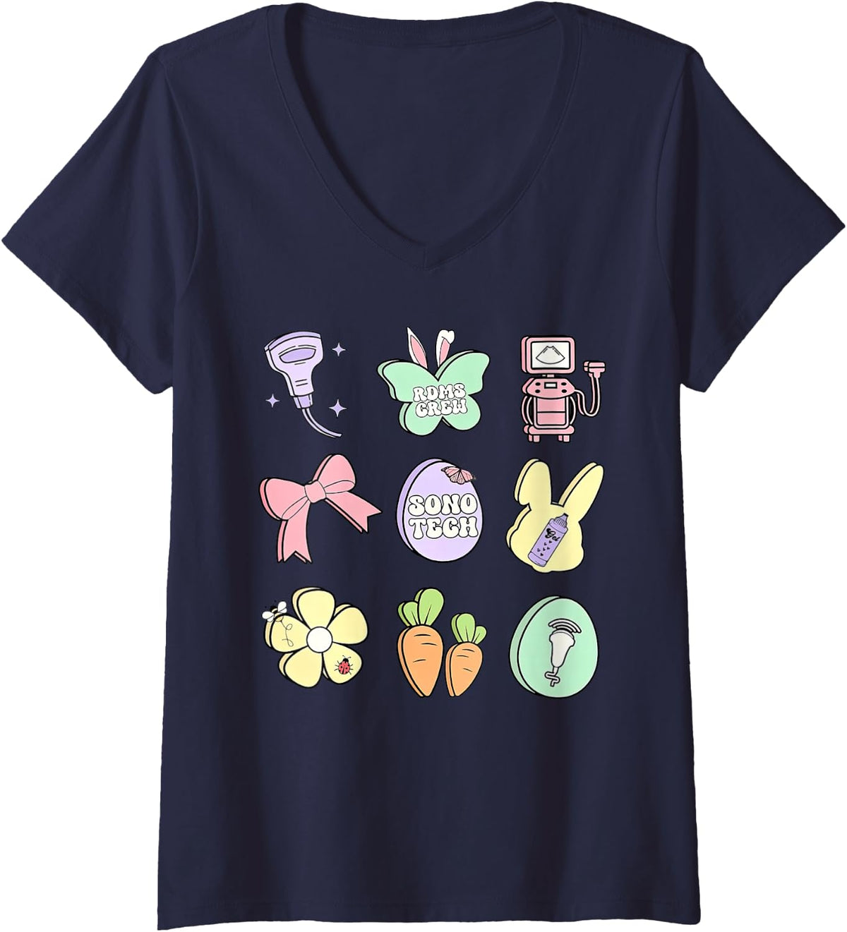 Women's Coquette Bow Sono Tech Sonographer Ultrasound Tech Easter V-Neck T-Shirt - Navy Blue
