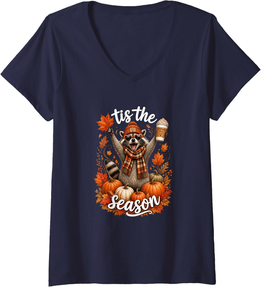 Women's Tis the Season Trash Panda Fall Raccoon Latte V-Neck T-Shirt - Navy Blue