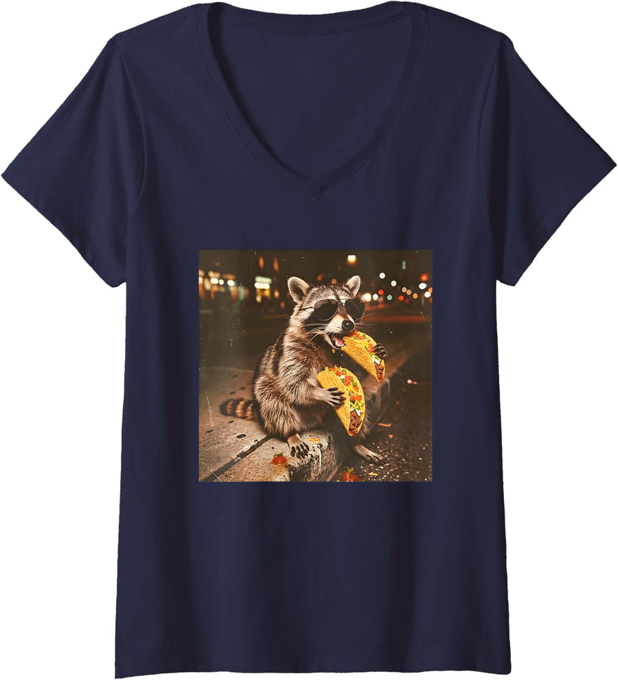 Women's Funny Raccoons Eating Taco Meme Trash Panda Food V-Neck T-Shirt - Navy Blue