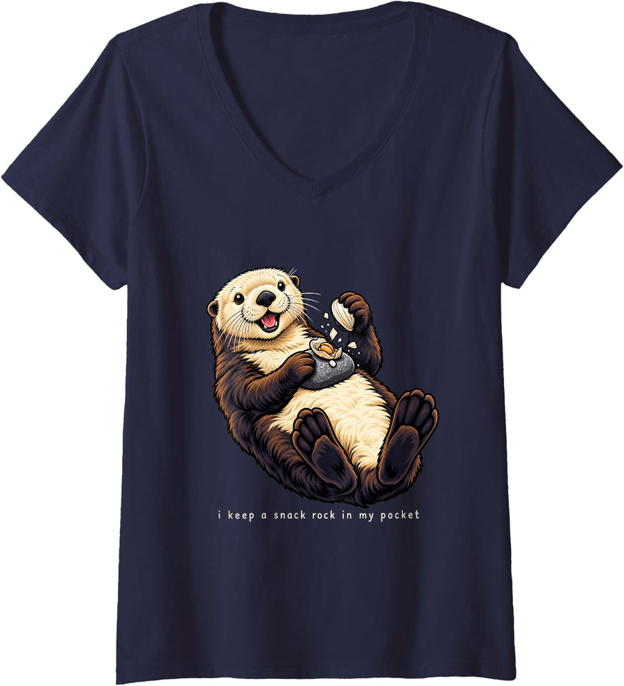 Women's Sea Otter I Keep A Snack Rock in My Pocket Women Funny Ocean V-Neck T-Shirt - Navy Blue