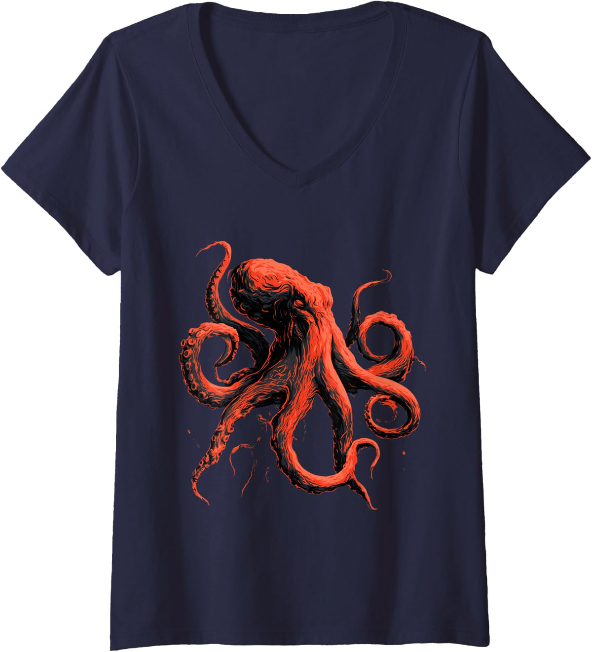 Women's Vintage Red Octopus Deep Sea Kraken Ocean Design V-Neck T-Shirt - Navy Blue