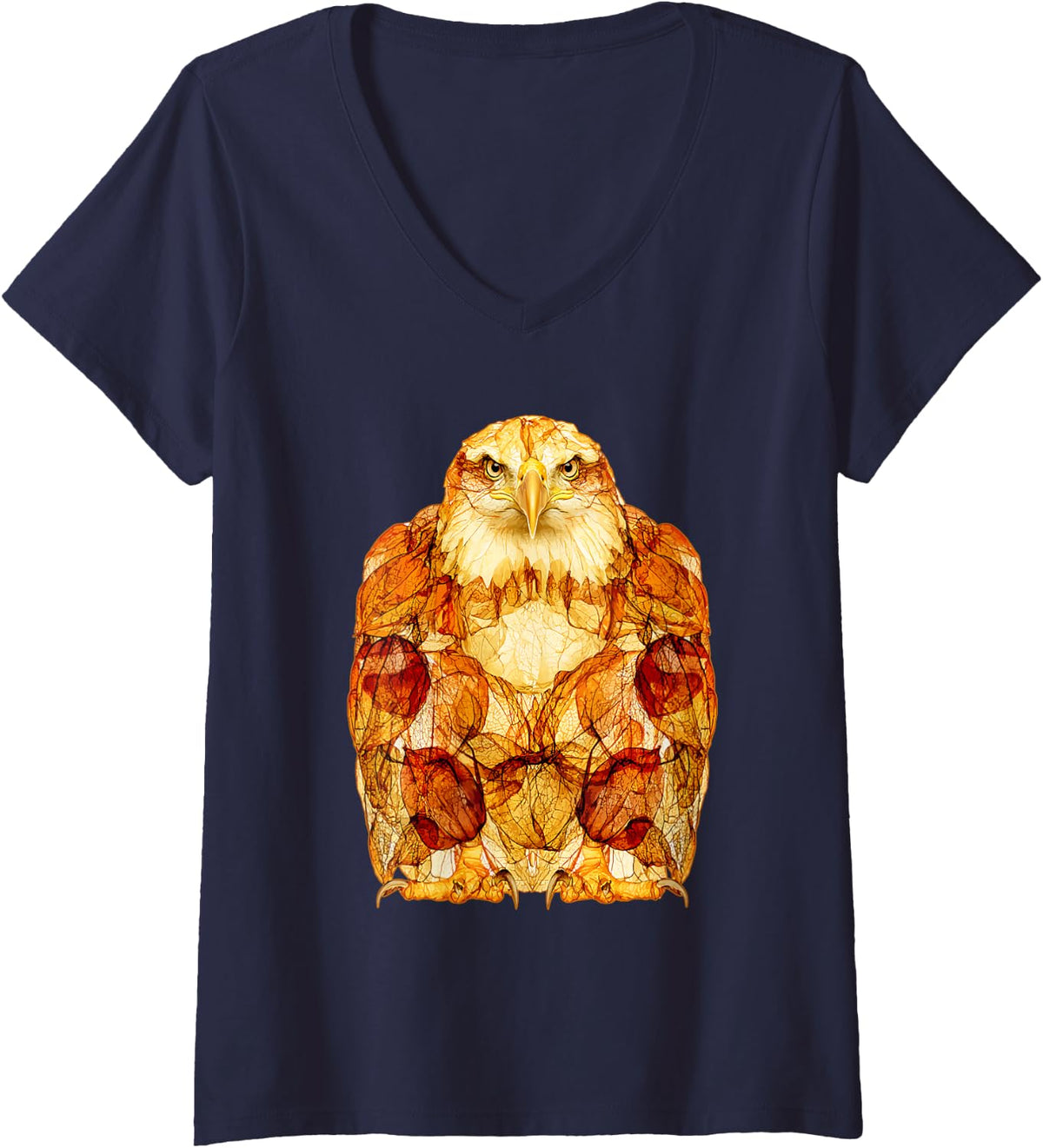Women's Bald Eagle with Autumn Leaves Artistic Fall Bird Art V-Neck T-Shirt - Navy Blue