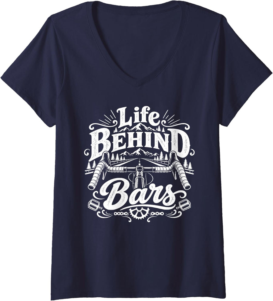 Women's Bike & Biking, Life Behind Bars V-Neck T-Shirt - Navy Blue