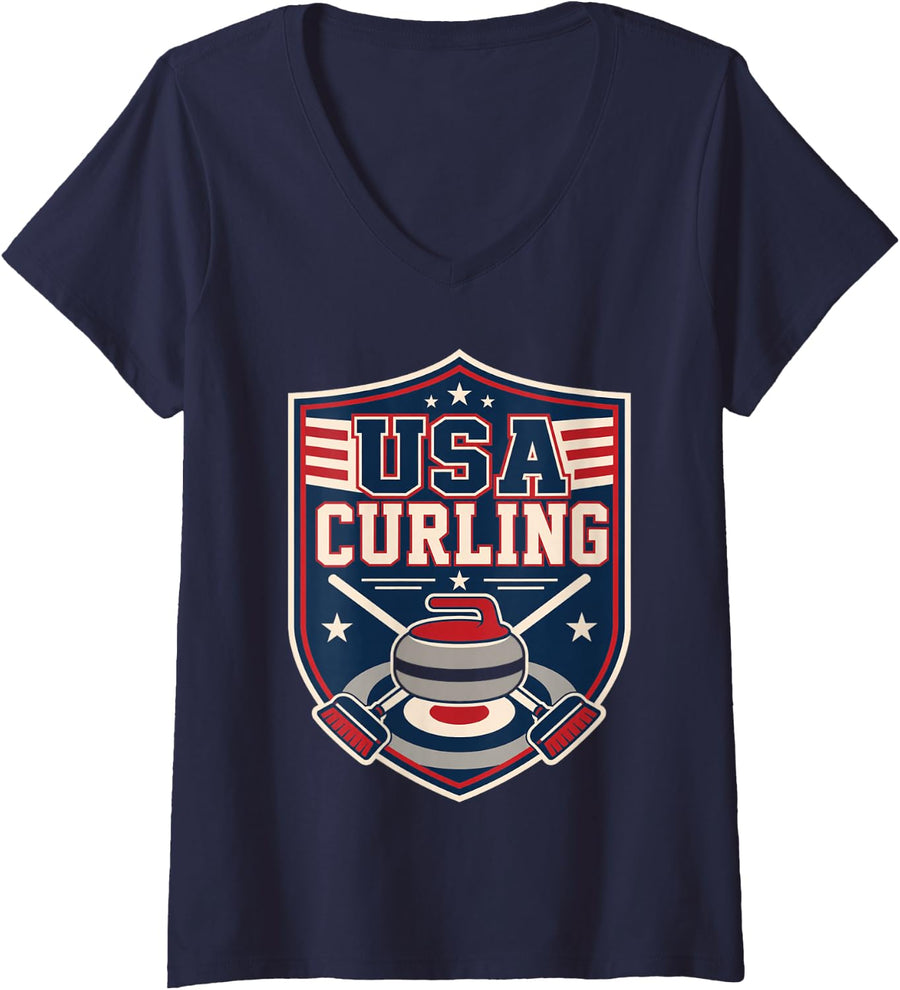 Women's USA Curling Player Fan Winter Sport Emblem Design V-Neck T-Shirt - Navy Blue