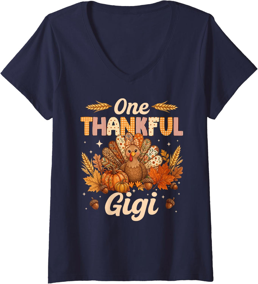 Women's One Thankful Gigi Thanksgiving Gigi Grandma V-Neck T-Shirt - Navy Blue