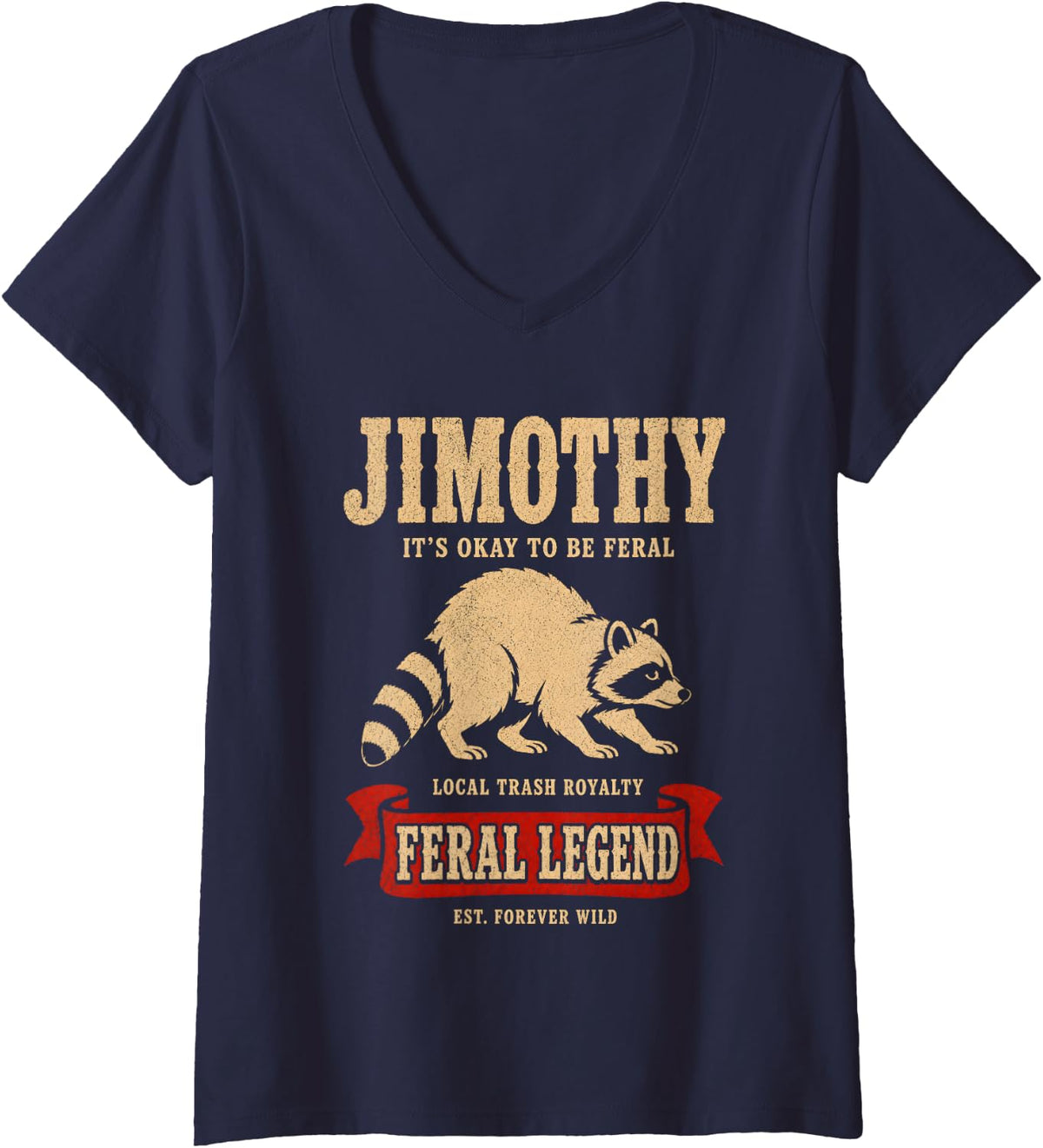 Women's Jimothy Wild Raccoon Meme Funny Trash Panda Feral Retro Fan V-Neck T-Shirt - Navy Blue