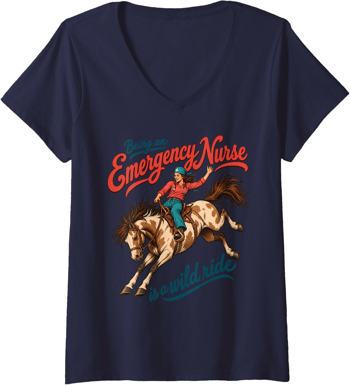 Women's Emergency Nurse Horse Rodeo Western Medical Humor Cowgirl V-Neck T-Shirt - Navy Blue