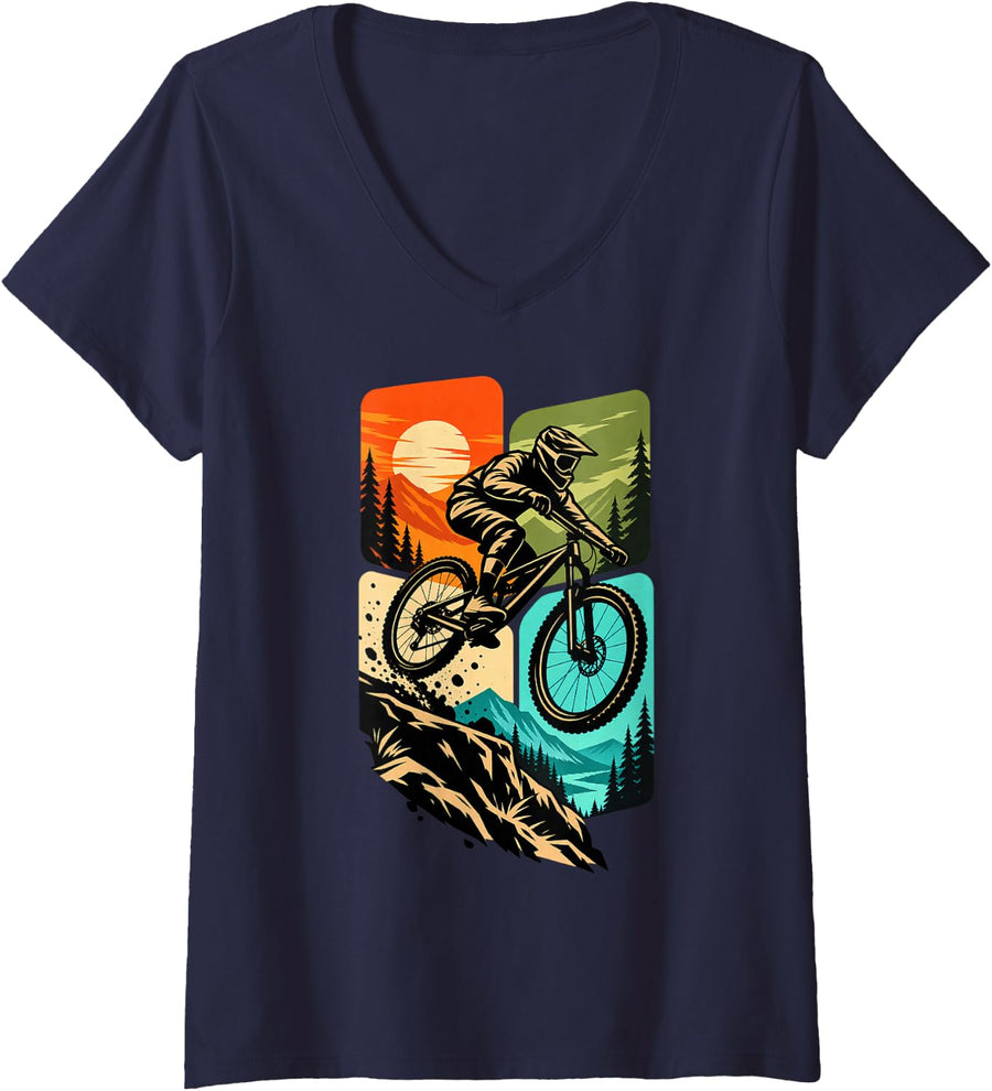 Women's Mountain Bike Mountain Biking Downhill Trail V-Neck T-Shirt - Navy Blue