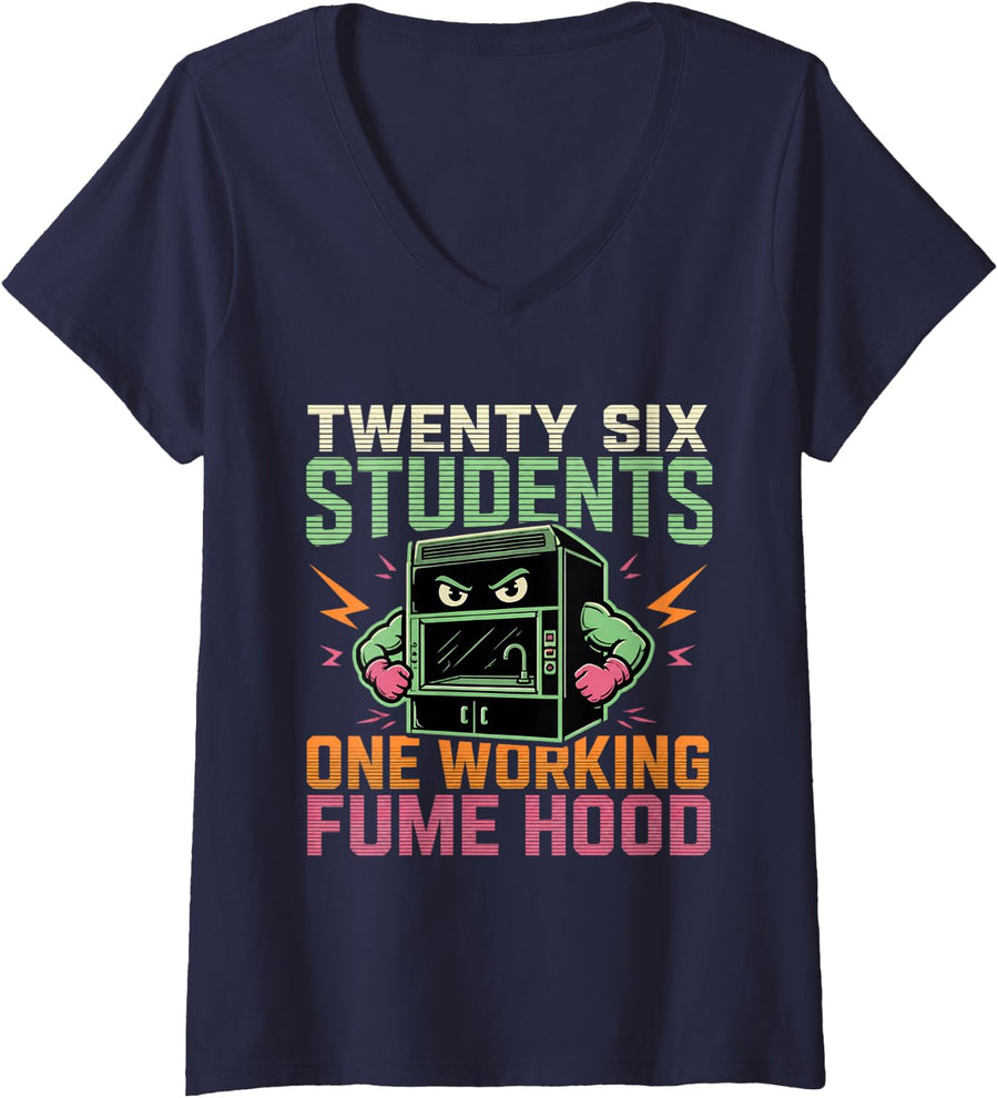 Women's Twenty Six Students One Working Fume Hood Chemistry V-Neck T-Shirt - Navy Blue