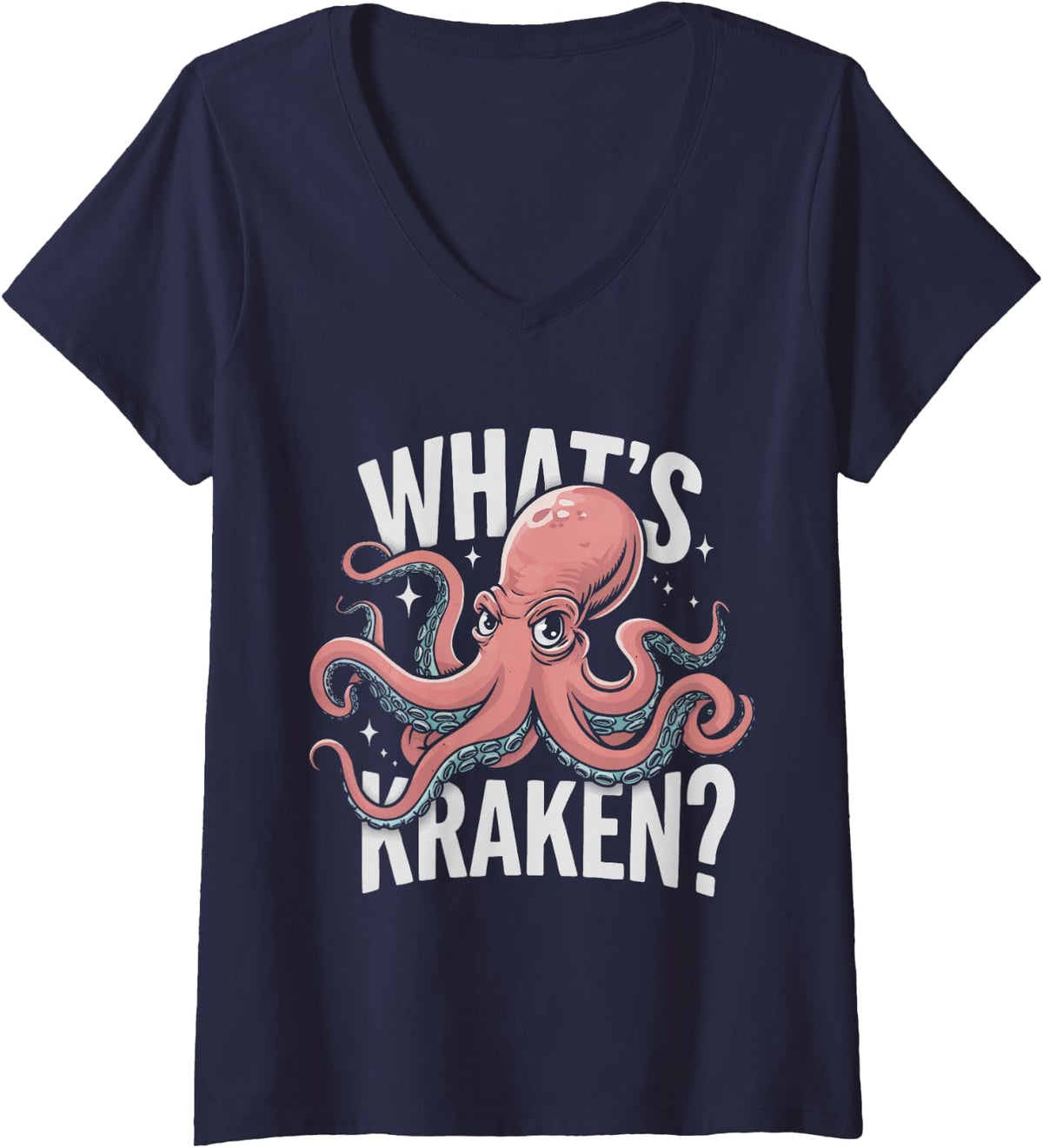 Womens Octopus What's Kraken V-Neck T-Shirt - Navy Blue