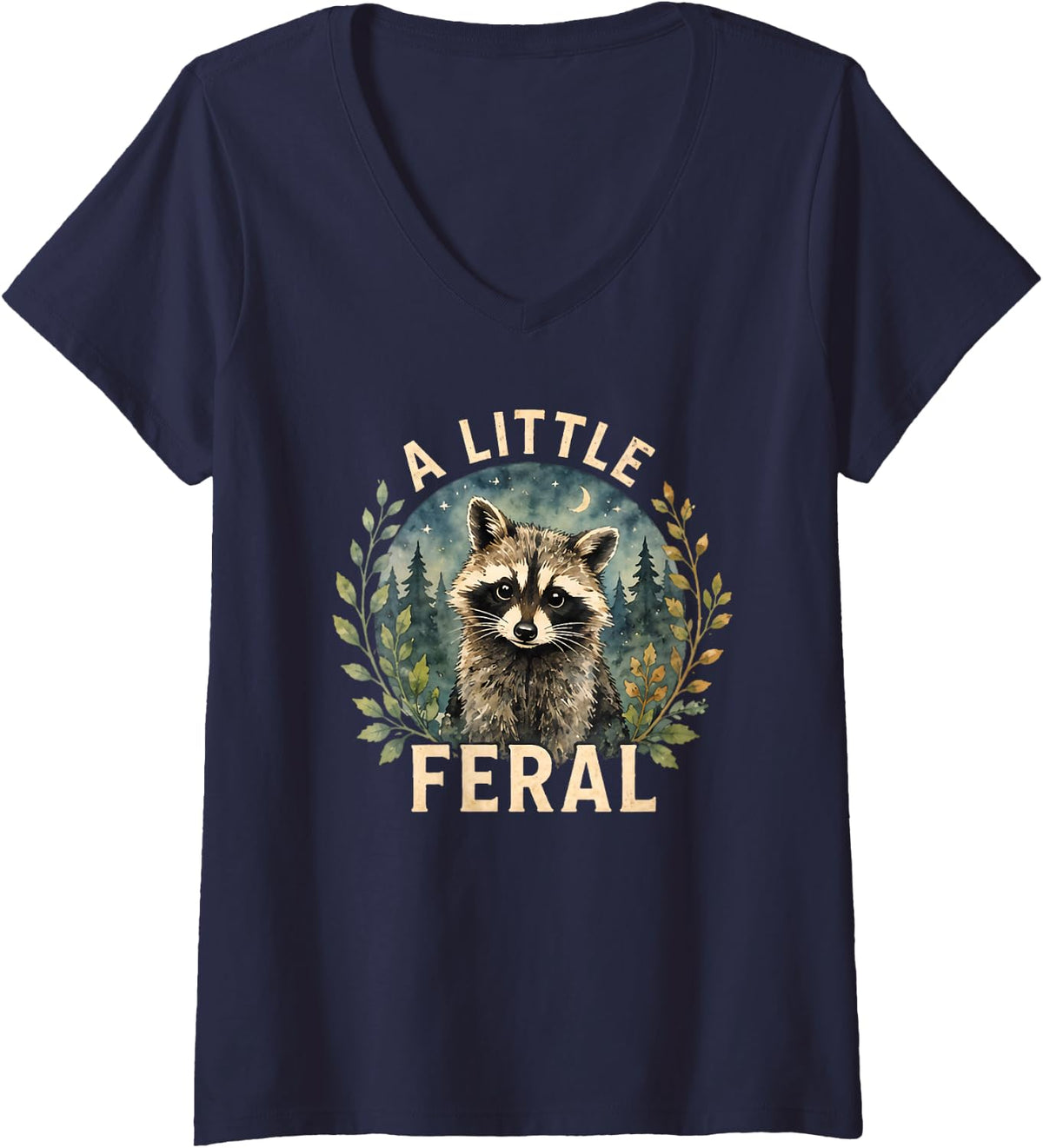 Women's A Little Feral Raccoon Vintage Trash Panda Forest Design V-Neck T-Shirt - Navy Blue