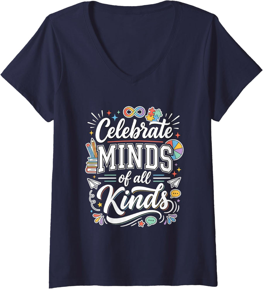 Women's Celebrate Minds of All Kinds Neurodiversity Teacher V-Neck T-Shirt - Navy Blue