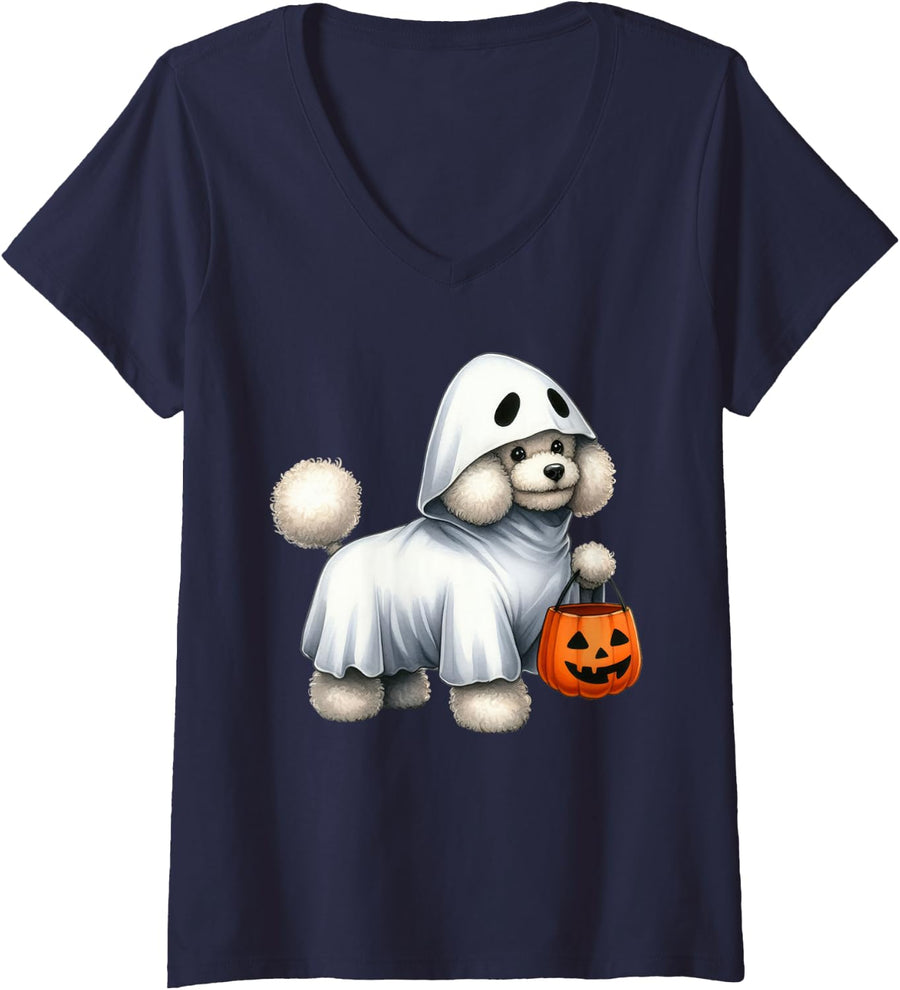 Womens Poodle Dog Halloween Costume Ghost White Poodle Pumpkin V-Neck T-Shirt - Navy Blue