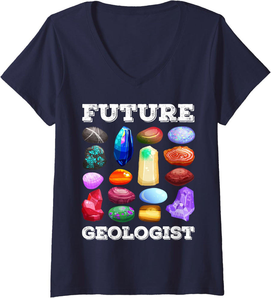 Women's Rock Lover Future Geologist Funny Retro Vintage Apparel V-Neck T-Shirt - Navy Blue