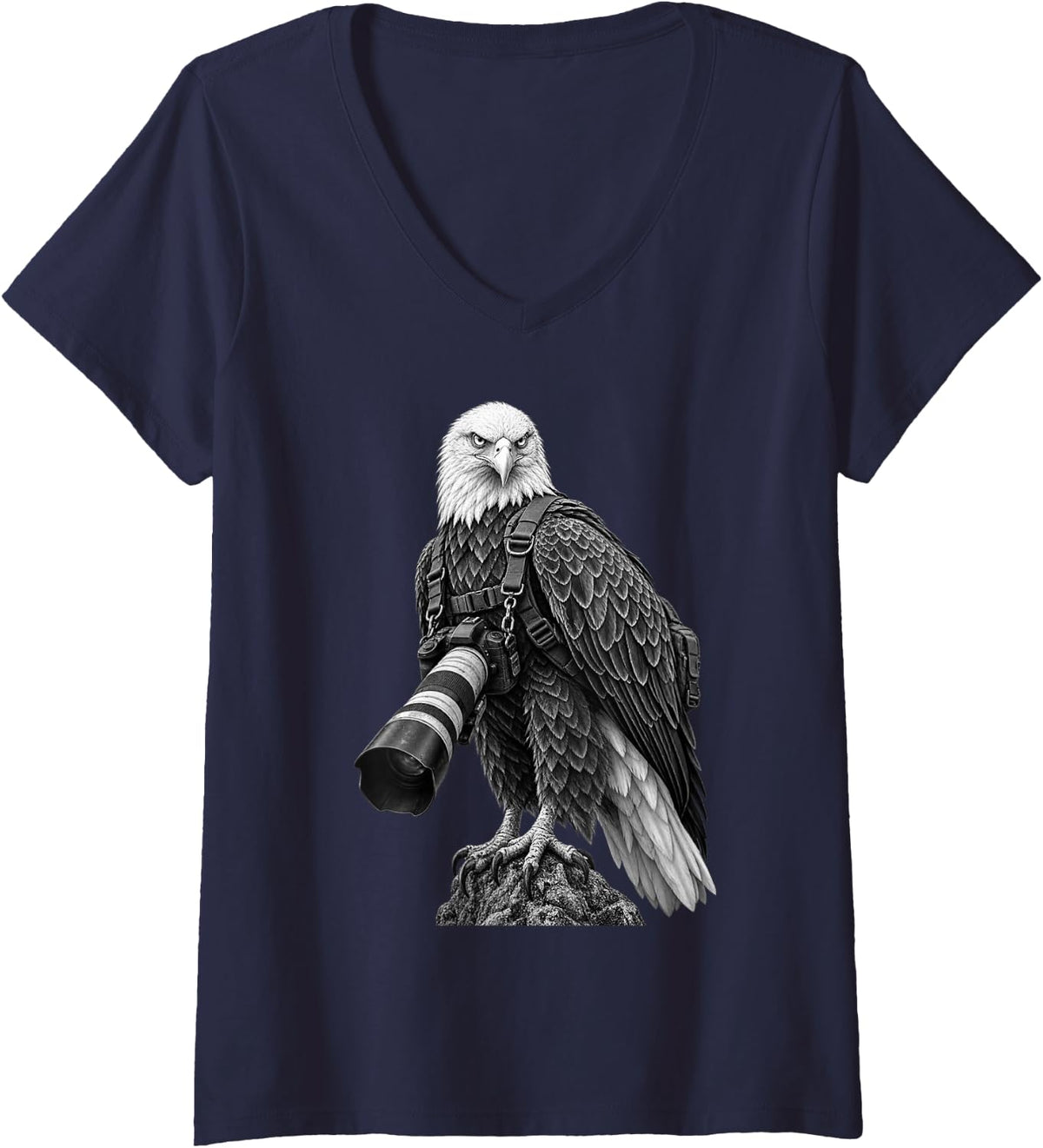 Women's Bald Eagle Photographer with Camera V-Neck T-Shirt - Navy Blue