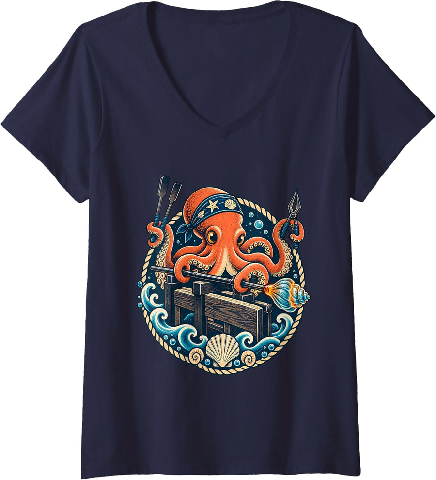 Women's Octopus Glass Blowing Hot Glass Artist V-Neck T-Shirt - Navy Blue