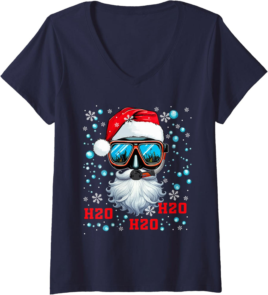 Women's Scuba Diving Santa Face Christmas Scuba Diver Family Group V-Neck T-Shirt - Navy Blue