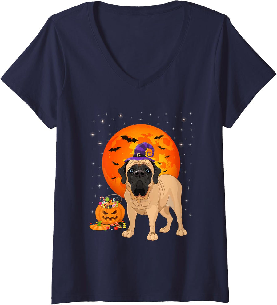 Women's English Mastiff Halloween Costume Pumpkin English Mastiff V-Neck T-Shirt - Navy Blue