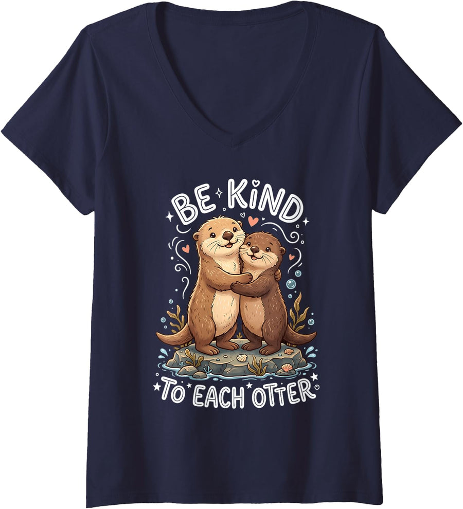 Women's Be Kind to Each Other Otter V-Neck T-Shirt - Navy Blue