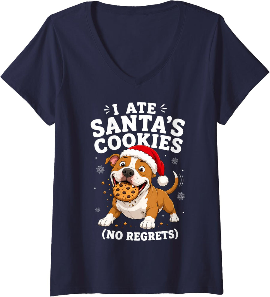 Women's I Ate Santa's Cookies American Staffordshire Terrier Dog V-Neck T-Shirt - Navy Blue