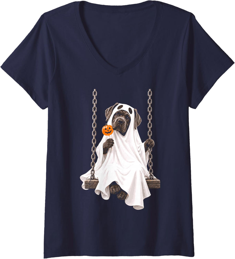 Women's Halloween Mastiff Ghost Costume Swing Pumpkin Candy V-Neck T-Shirt - Navy Blue