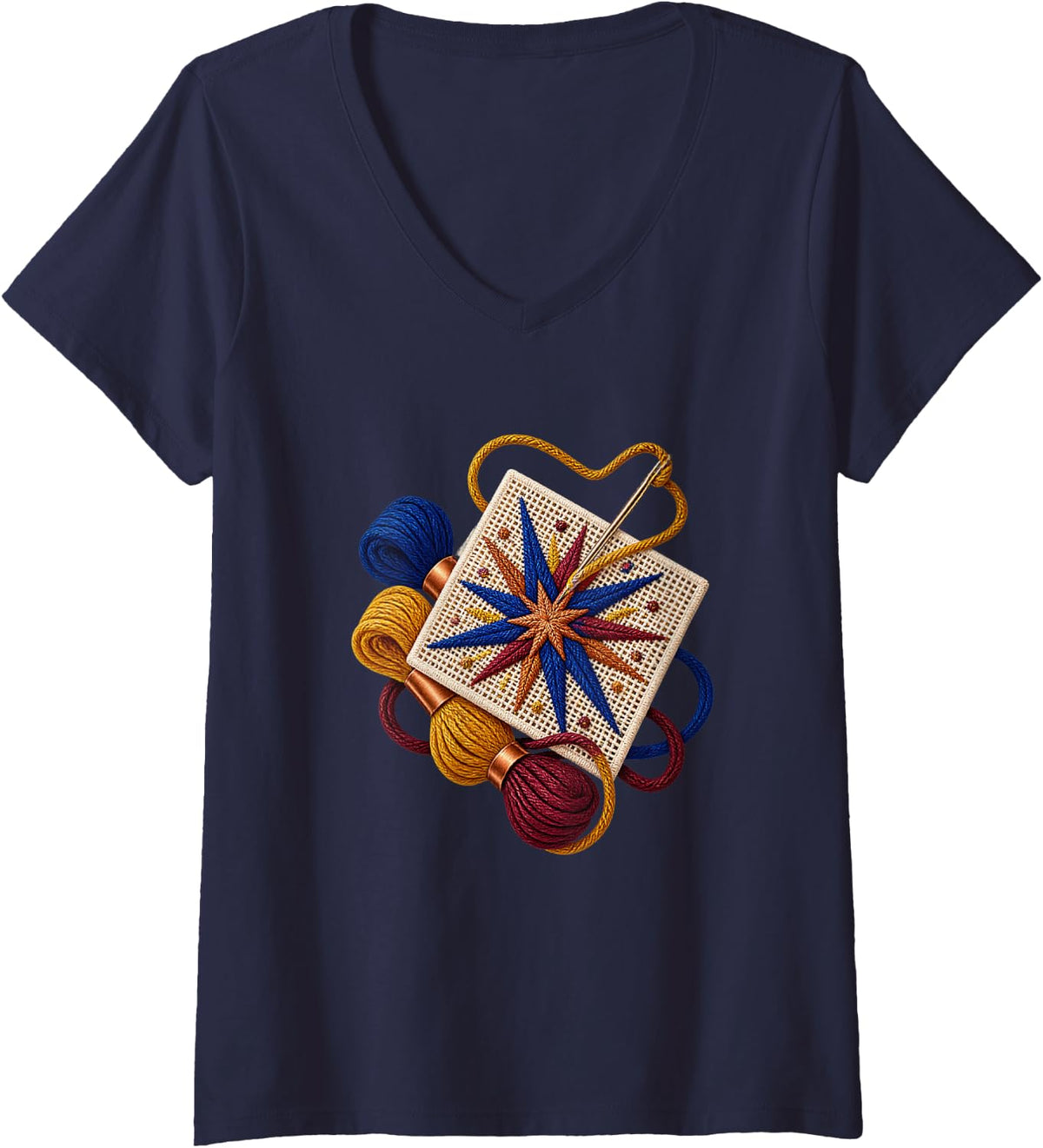 Women's Radiant Ornate Embroidery Sampler with Scissors and Thread V-Neck T-Shirt - Navy Blue