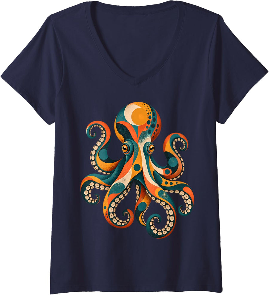 Women's Mid Century Octopus Ocean Animal Modern Art V-Neck T-Shirt - Navy Blue