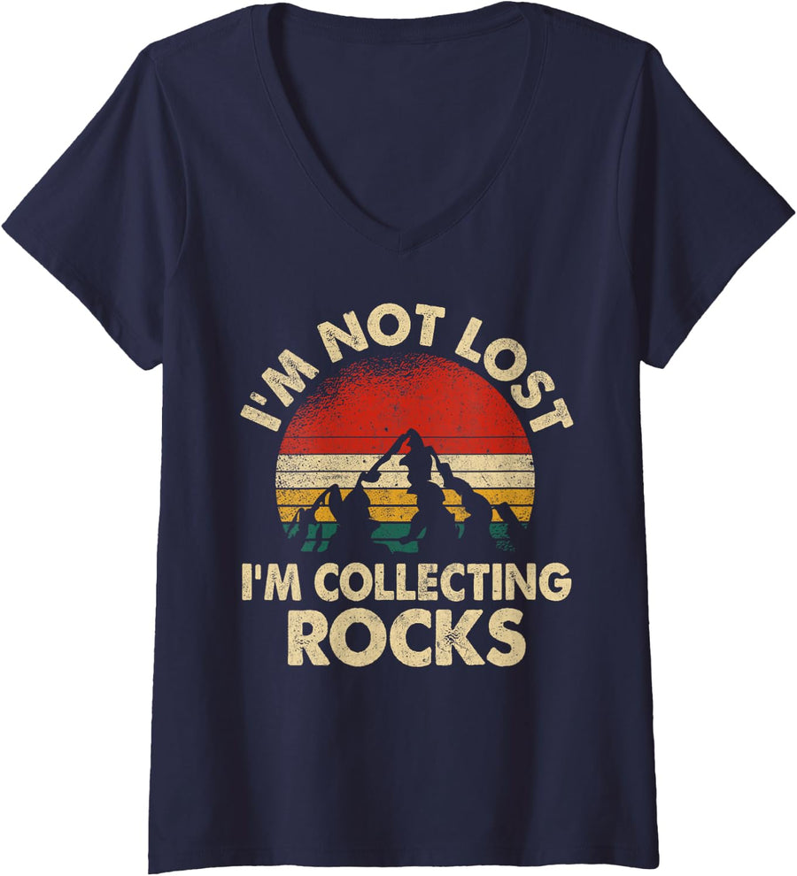 Women's I'm Not Lost I'm Collecting Rocks Stones Hunter Geologist V-Neck T-Shirt - Navy Blue