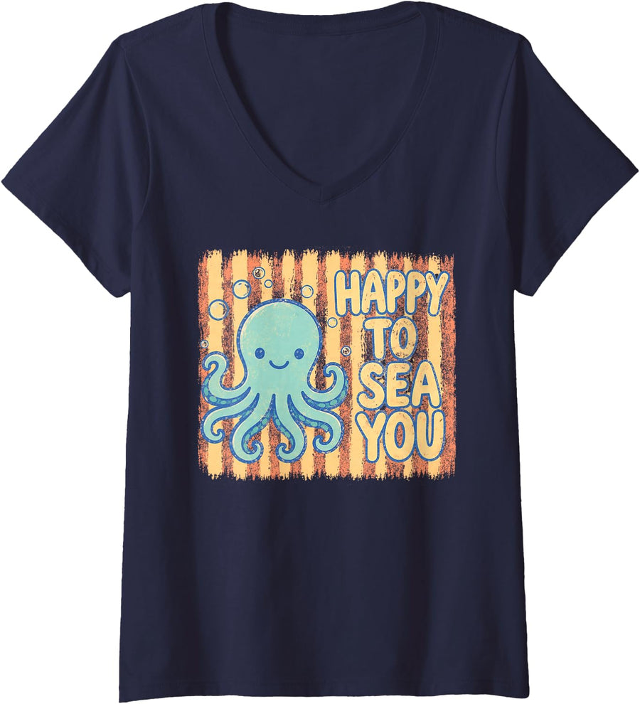 Women's Happy to Sea You Octopus Teacher Animals Back to School V-Neck T-Shirt - Navy Blue