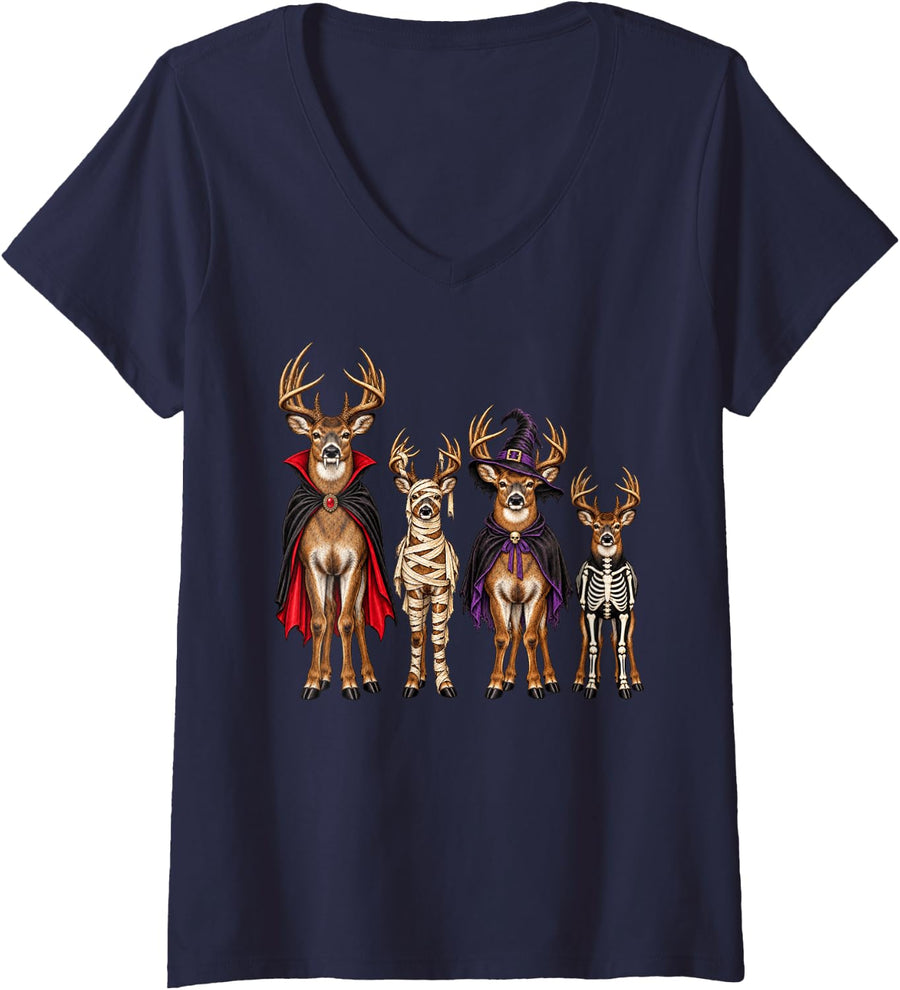 Women's Halloween Deer Bucks in Costumes Funny Hunter Design V-Neck T-Shirt - Navy Blue