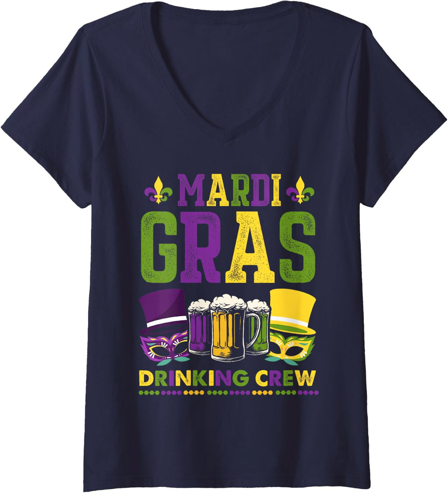 Women's Mardi Gras Drinking Crew V-Neck T-Shirt - Navy Blue