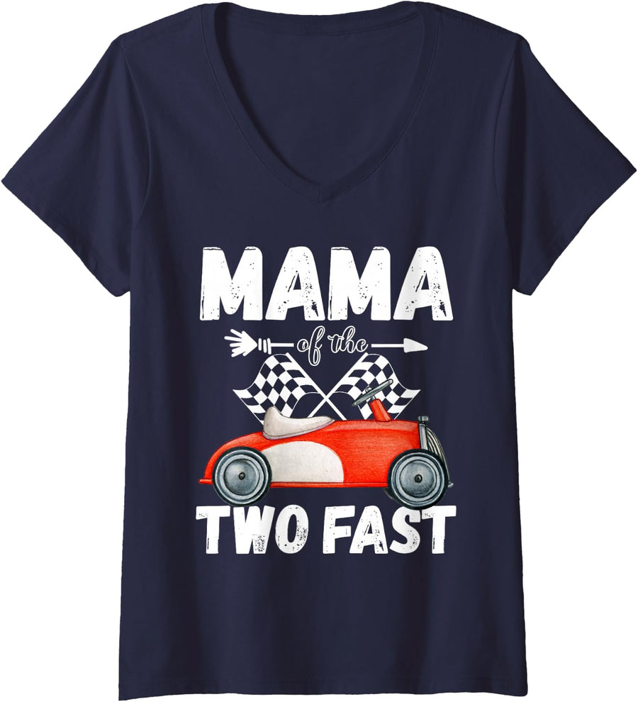 Womens Mama Of The Two Fast 2 Curious Birthday 2nd Little Racer V-Neck T-Shirt - Navy Blue