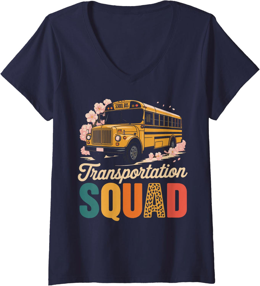 Women's Transportation Squad for School Bus Driver Transport Crew V-Neck T-Shirt - Navy Blue
