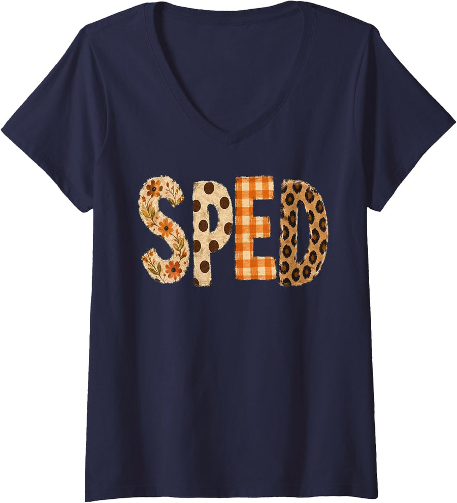 Women's SPED Plaid Floral Leopard Fall Thanksgiving Back School V-Neck T-Shirt - Navy Blue