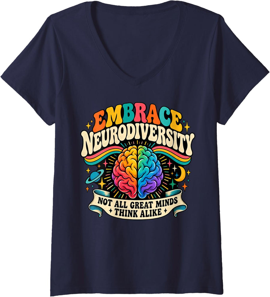Women's Embrace Neurodiversity Rainbow Brain Different Minds Art V-Neck T-Shirt - Navy Blue