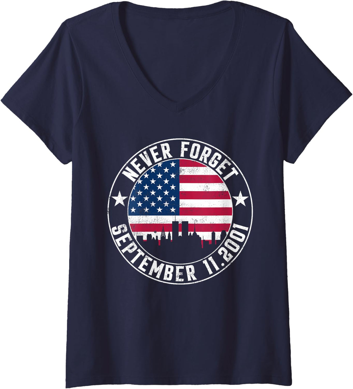 Women's Never Forget September 11 2001 Memorial Day American Flag V-Neck T-Shirt - Navy Blue