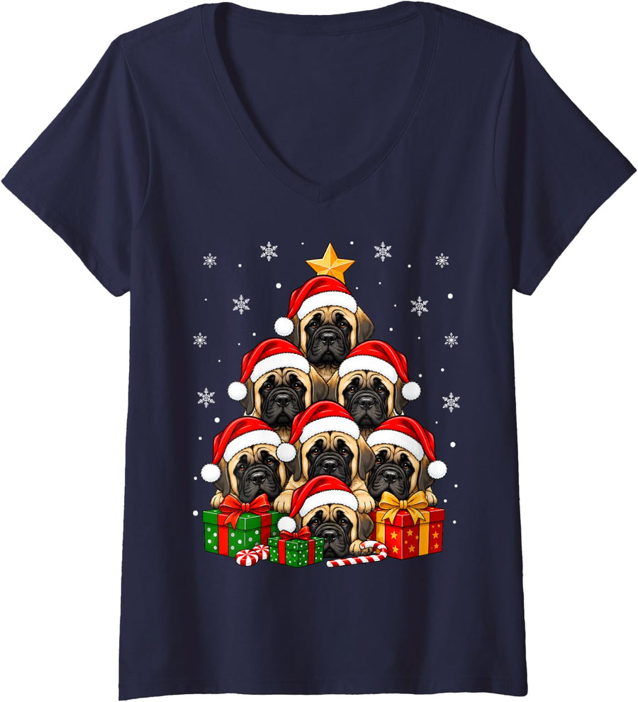 Women's English Mastiff Dog Christmas Tree Cute Festive Dogs Xmas V-Neck T-Shirt - Navy Blue