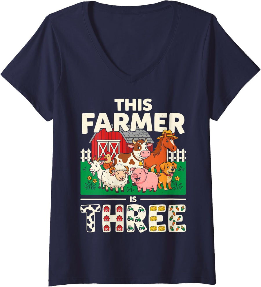Women's This Farmer is Three 3 Years Bday Party Birthday Farm Animal V-Neck T-Shirt - Navy Blue